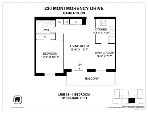 Floor plan for 1 bed, 1 bath, 631 sqft